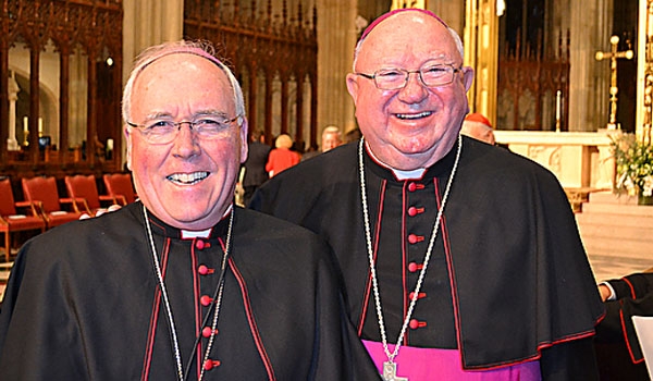 Bishop Richard Malone poses with Bishop William Murphy, bishop of Rockville Center, at St. Patrick's Cathedral.