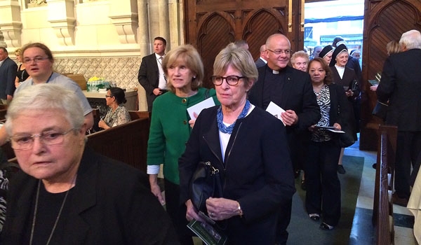 People entering St. Patrick's Cathedral for an evening prayer service with the pope.