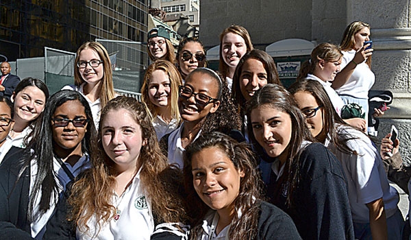 Students from Notre Dame High School in Manhattan, waiting right in front of St. Patrick's Cathedral, were excited to see the pope.