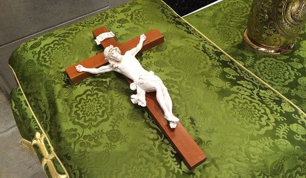 A cross ready to be used during a papal prayer service at St. Patrick's Cathedral.