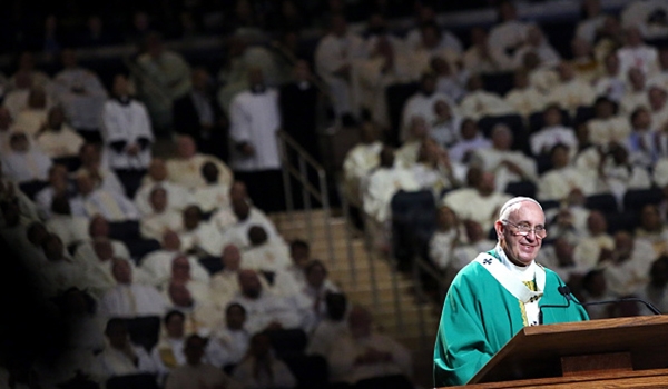 Pope Francis stands before the priests of the U.S.