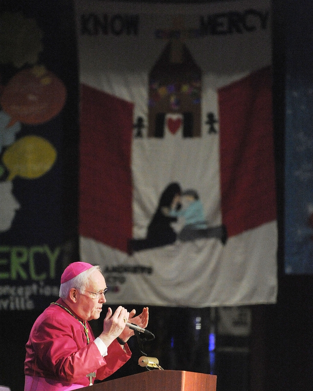 Bishop Richard J. Malone greets the young people attending the 64th Annual Diocesan Youth Convention.