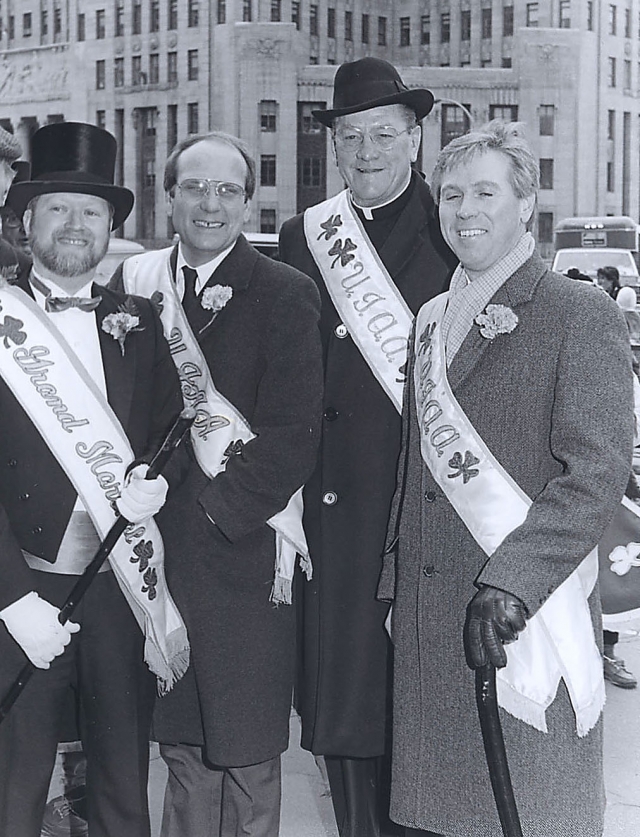 Bishop Edward Head gets ready to walk the St. Patrick's Day Parade in 1988.