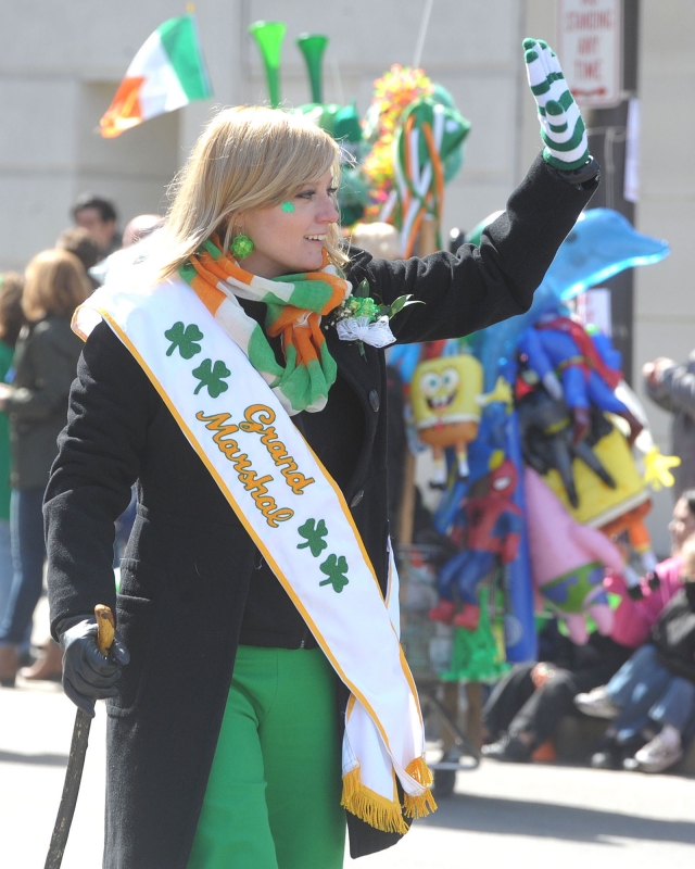 Grand Marshal Jennifer Letina leads the 2016 St. Patrick's Day Parade up Delaware Avenue.