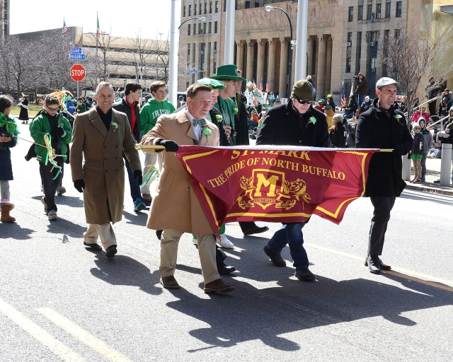 The Pride of North Buffalo, St. Mark's Church heads up Delaware Avenue at the 2016 St. Patrick's Day Parade.