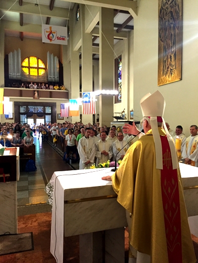 Bishop Richard J. Malone of Buffalo celebrated a Mass and catechesis session for Irish World Youth Day pilgrims in Krakow Wednesday morning. (Courtesy of Bishop Malone)