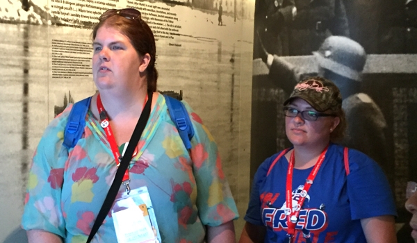 Pam Ehrke and Samantha Pangrazio list the Schindler Factory Museum in Krakow during World Youth Day. (Patrick J. Buechi/Staff)