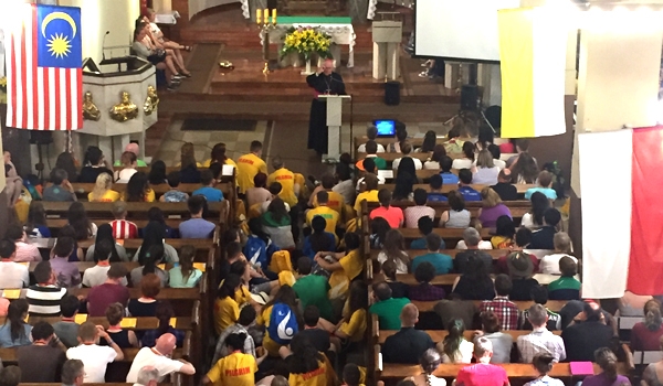 Bishop Richard J. Malone of Buffalo celebrated a Mass and catechesis session for Irish World Youth Day pilgrims in Krakow Wednesday morning. (Courtesy of Bishop Malone)