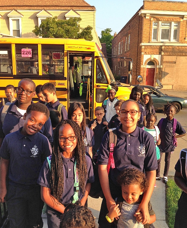 With smiles on their faces, students exit the bus to start their first day of school at Our Lady of Black Rock School, Buffalo.
(Courtesy of Our Lady of Black Rock School)
