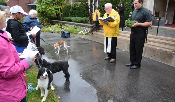 Bishop Richard J. Malone blesses pets outside his residence to honor the feast of St. Francis of Assisi. 
(Patrick McPartland/Staff Photographer)