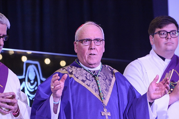 Bishop Richard J. Malone welcomes all the young people to the closing liturgy of the 66th annual Diocesan Youth Convention. (Patrick McPartland/Managing Editor)